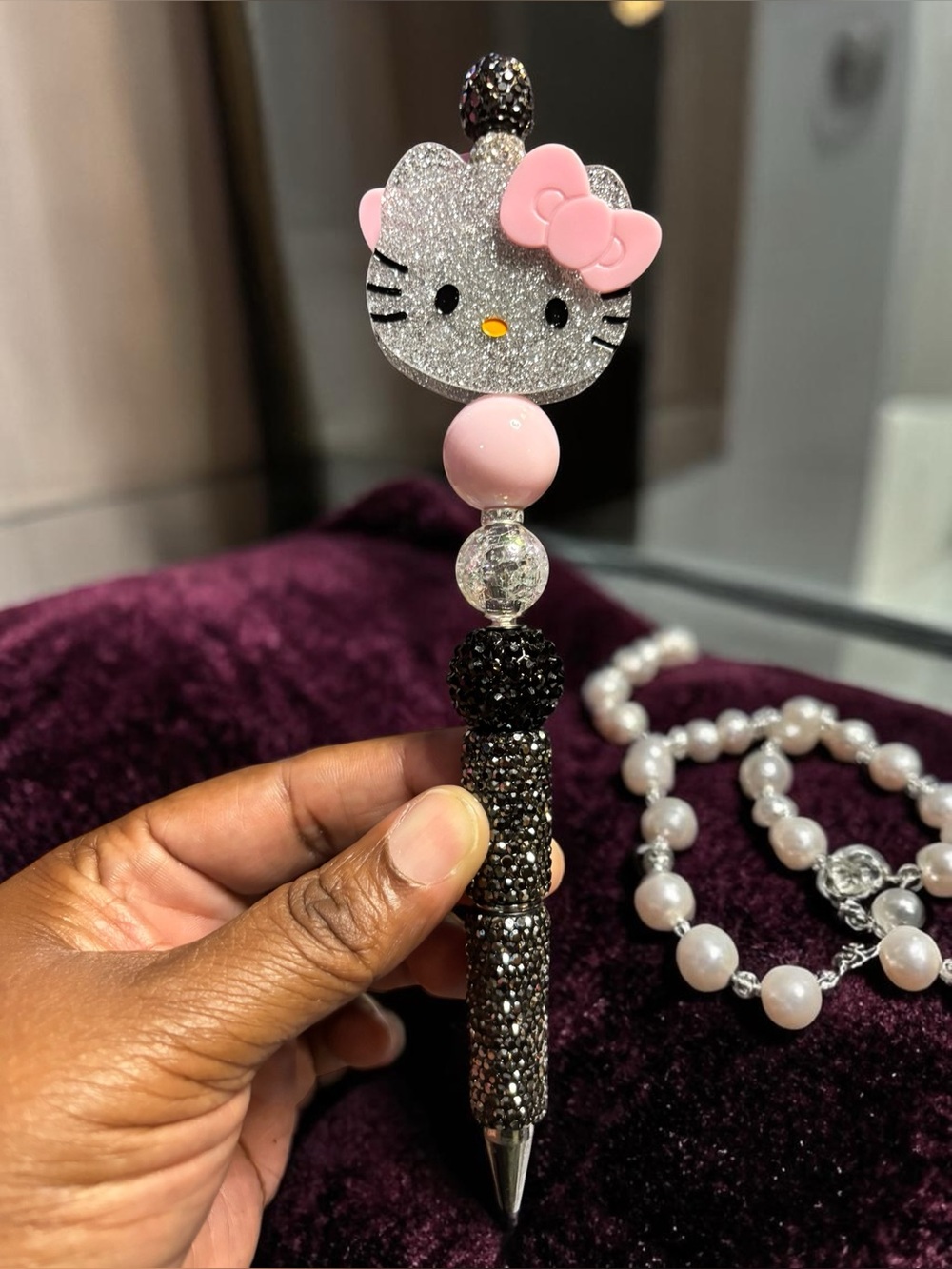 Handcrafted Beaded Rhinestone Cat Pen  with Pink & Silver